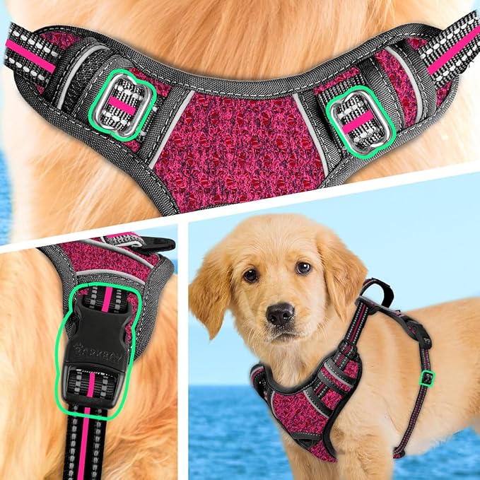 BARKBAY No Pull Dog Harness Large Reflective Dog Harness with Front Clip and Easy Control Handle for Walking Training Running with ID tag Pocket(Pink/Black,XS)