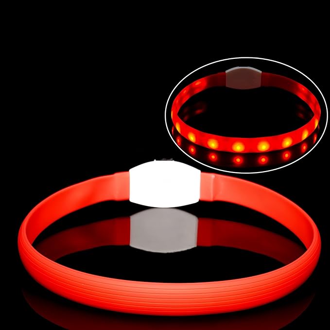 Rechargeable LED Dog Collar with Soft Silicone,Adjustable Glowing Safety Collar for Night Walks,3 Lighting Modes (Fast/Slow Flash/Steady),4 Colors (Red/Blue/Pink/Green),Fits Multiple Dog Sizes (Red)