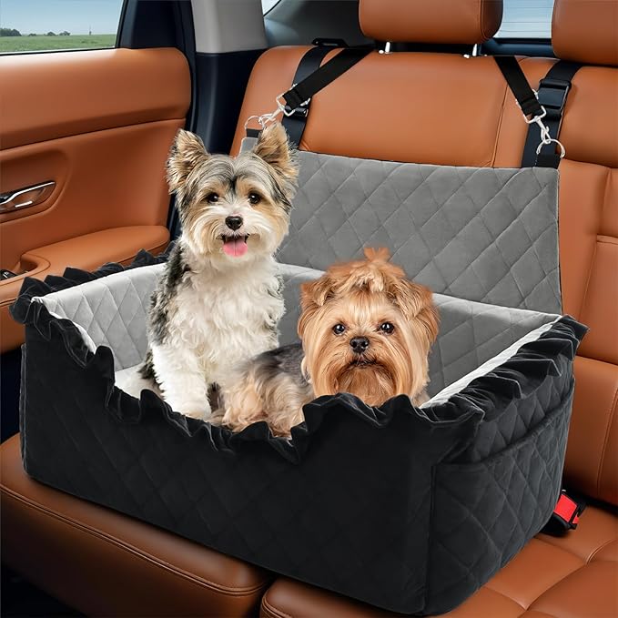 Dog Car Seat for Large Medium Dogs Under 55 lbs, Dog Booster Seat for 2 Small Dogs, Detachable Washable Pet Travel Bed with Thick Memory Foam Cushion, Safety Belt and Storage Pockets | Black