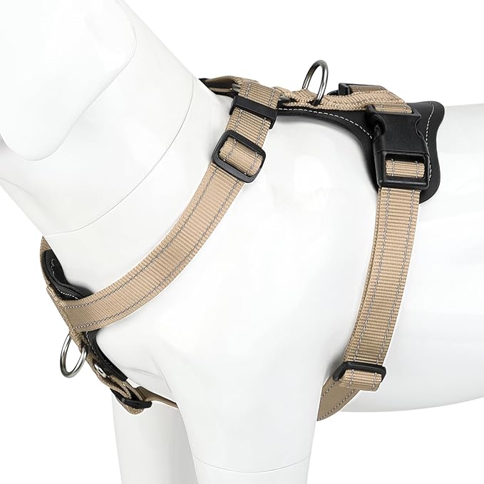 Plutus Pet Adjustable No Pull Dog Harness with Leather Accents, Heavy Duty Reflective Nylon Vest for Training, Hiking, Easy Walk Harness for Small, Medium, Large Dogs (Beige, L)