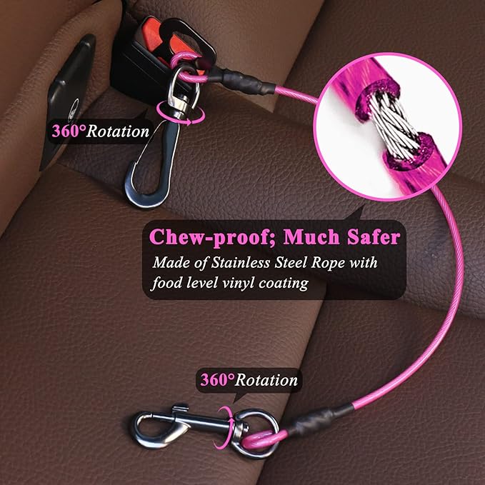 VIVAGLORY Dog Seat Belt Tuffbelt Dog Car Harness, Seatbelt with Clip & Hook for Car Travel, Chew Proof Anti Chew Unchewable Metal Safety Tether Restraint, XS, Pink