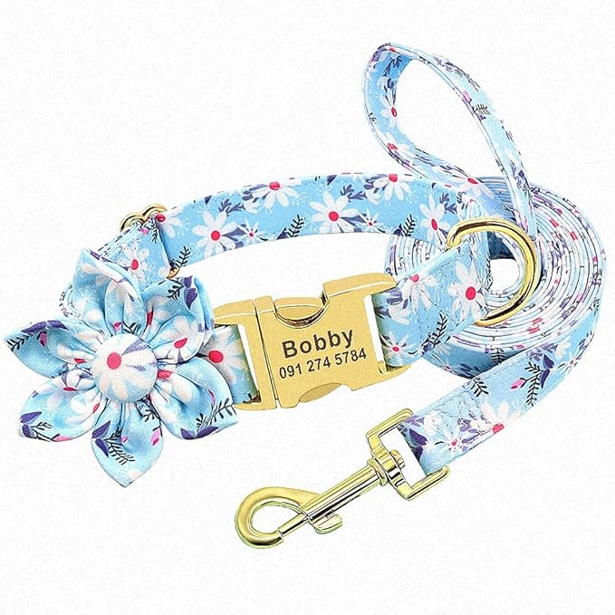 Flower Custom Dog Collar Leash Floral Printed Nylon Pet Dog Collars Lead Personalized Puppy Collars for Small Medium Large Dog 153 Blue Set S