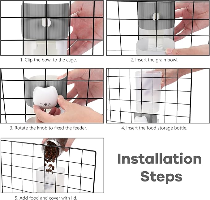 Yummy Sam Hanging Automatic Small Pet Food Water Dispenser, Auto Gravity 0.8L Cat Feeder and 0.87L Water Dispenser, Self-Feeding and Waterer Set Kennel Feeding Station for Puppy Cats (Grey White)