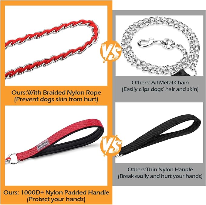 Dog Leash Chew Proof, Chain Leash Anti Chew Dog Leash for Large Dogs Heavy Duty, Indestructible Metal Leash Anti Bite Chain Link with Woven Cord Soft Padded Handle (Red, 4FT)