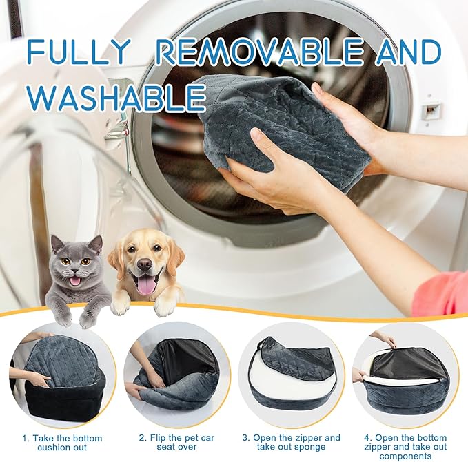 Cozy Dog Car Seat for Small Dogs Up to 30lbs, Elevated Memory Foam Booster Seat, Pet Travel Bed with Washable Removable Cover & Storage Pockets(Black&Gray)