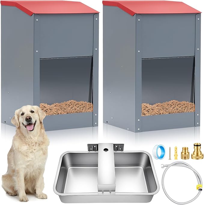 2 Pcs Automatic Dog Feeders for 2 Dogs and 1 Water Dispenser 25 Pound Large Breed Gravity Food Feeder Dispenser 2.2 Gallon Automatic Pet Waterer for Large Breed Cats Pets Livestock Chicken