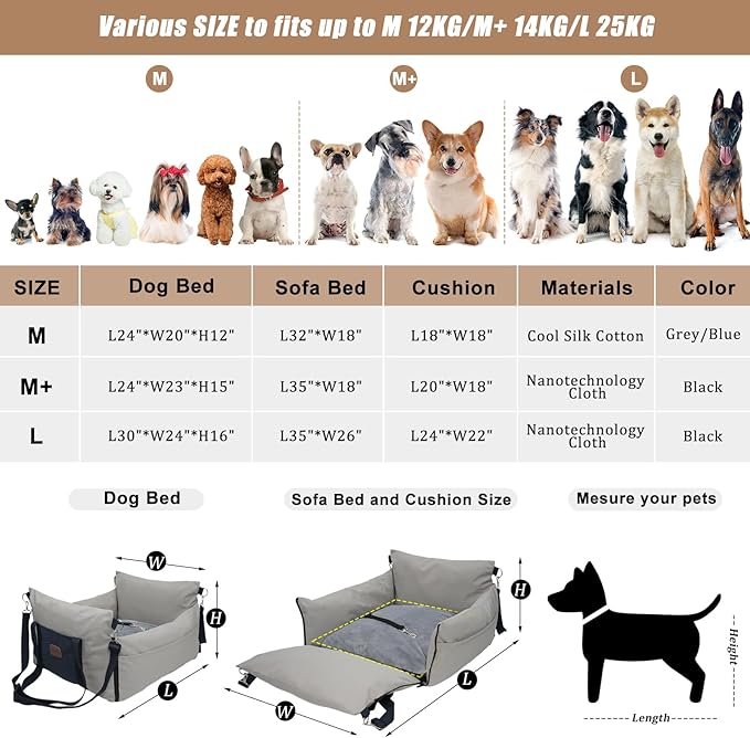 MILA&LOUIS Dog Car Seat 5 Side Waterproof, for Medium, Booster Seat with Safety Leash, Bed Cover with Storage Pockets, Small Pet Carrier Bed for Travel and Home