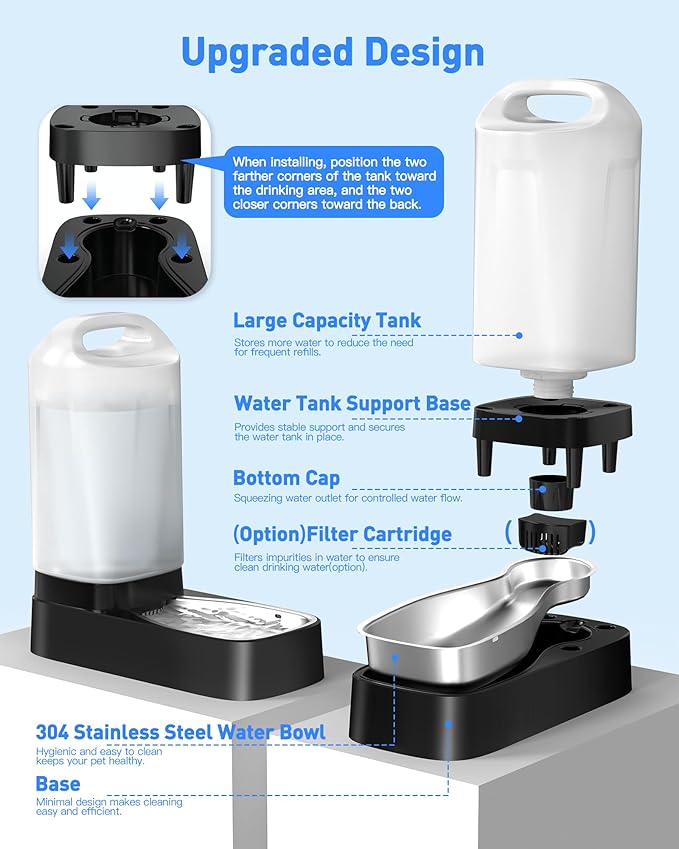 Automatic Dog Water Bowl Dispenser with 4 Filter - 2.4 Gal Large Gravity Auto Pet Water Feeder Waterer with Stainless Steel Bowl & Easy Carry Handle for Large Dog Cat Multi Pet Use