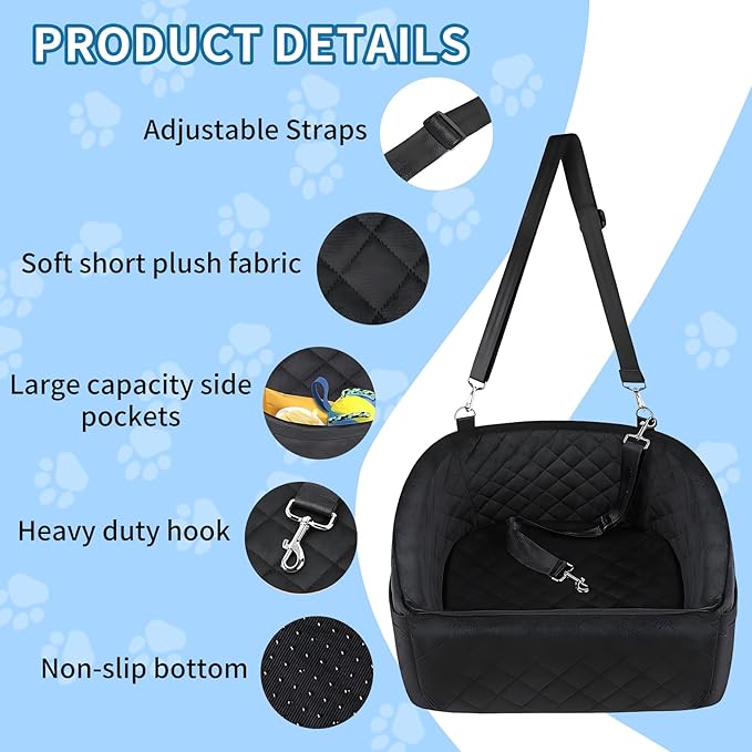 Dog Booster Car Seat, Comfy Dog Bed for Car with Safety Belt and Storage Pockets, Detachable Washable Pet Car Seat for Small Medium Sized Puppies Cats Under 30-35 LB
