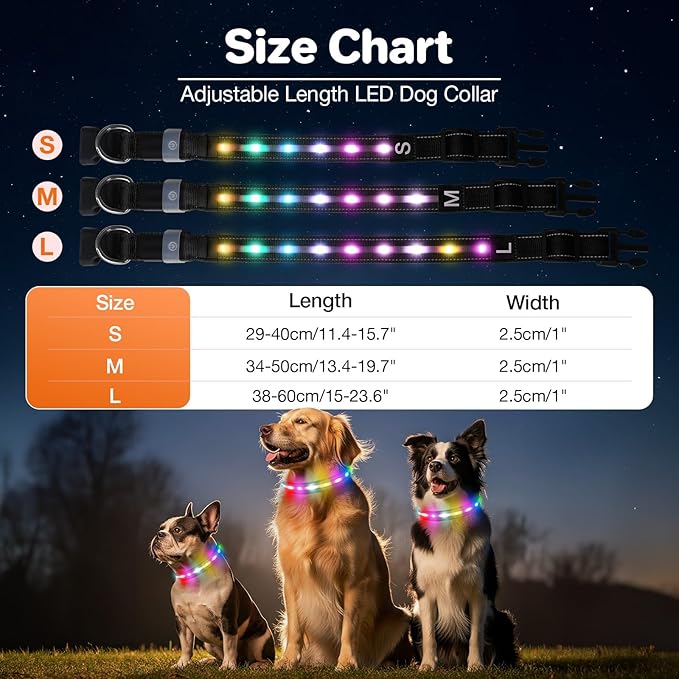 Light Up Dog Collar, USB Rechargeable 6 Modes, Waterproof Charging Port, Long Lasting LED Collar - Adjustable Nylon Reflective for Dogs, Sizes S/M/L (7/9/11 Lights) - 5 Colors (Black, S)