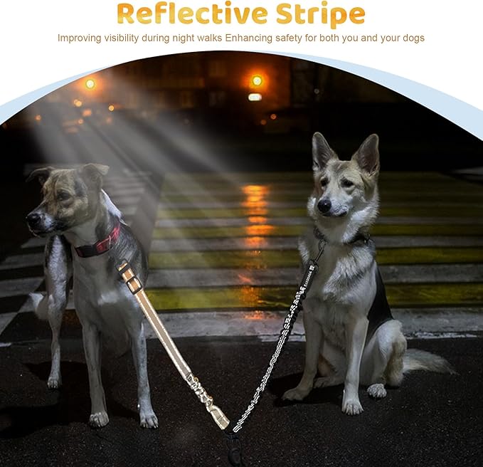 Double Dog Leash for Two Dogs - Gradient Color No Tangle Swivel Dog Coupler with Heavy Duty Clip, Size Adjustable Bungee Leash Attachment for Small, Medium, Large 2 Dogs, Style 3