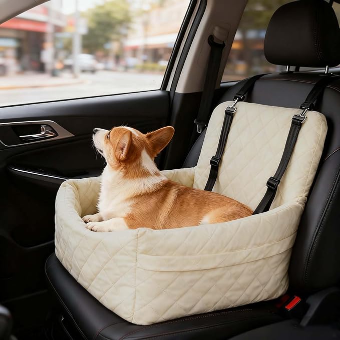 Dog Car Seats for Small Dogs, Memory Foam Dog Car Seat Medium Sized Dogs, Pet Cars Seats for Under 35lbs, Detachable Washable Pet Bag with Storage Pockets & 2 Safety Belts, Easy to Install (Beige)