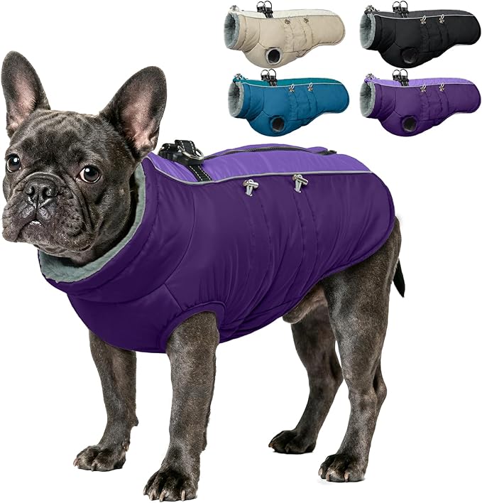 IDOMIK Warm Dog Coat with Harness, Waterproof Reflective Dog Jackets for Small Medium Large Dogs, Fleece High Collar Winter Jacket with Zipper, Pet Winter Snowsuit Clothes for Cold Weather,Purple M