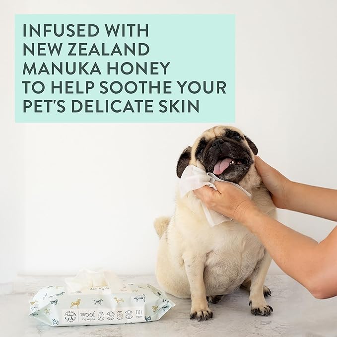 Woof Dog Wipes - Pet Wipes for Dogs with Manuka Honey, Gentle for Body,Eyes,Ears & Paws - 80 Counts-26.5 oz