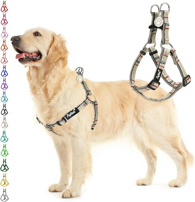 PUPTECK No Pull Dog Harness Soft Adjustable Basic Nylon Step in Puppy Vest Outdoor Walking with ID Tag, Plaid Beige, L