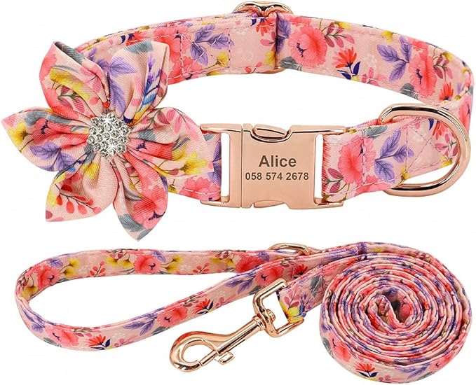 Rhinestone Personalized Dog Collar Leash Set Flower Printed Customized Pet Collar Puppy ID Collar for Small Medium Large Dogs Pink Collar Leash S