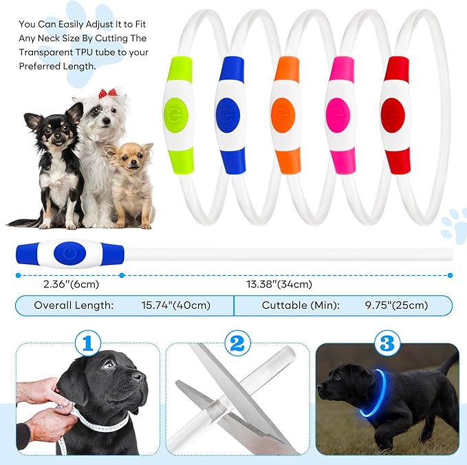 LED Dog Collar, Light Up Dog Collars USB Rechargeable for Night Walking-Fashion TPU Glowing Safety Pet Collar Lights for Small Dogs Cat (Blue)
