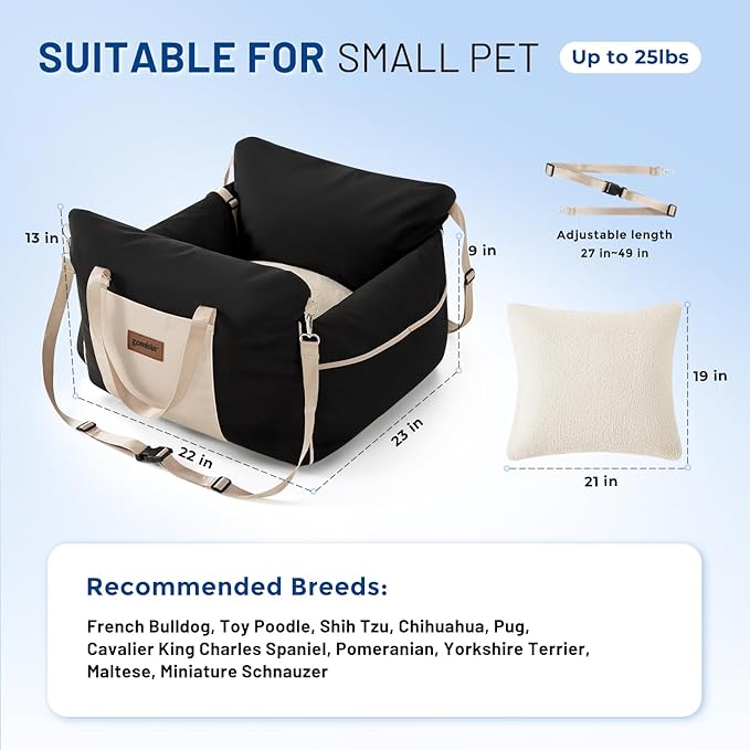 Dog Car Seat for Small Dogs - Waterproof Pet Booster Seat for Car with Clip-On Safety Leash, Travel Carrier for Medium Puppy up to 25 lbs, Memory Foam Filling and Adjustable Buckles, Black