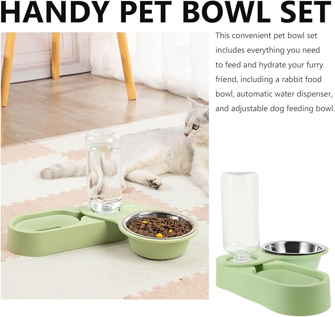 BESTonZON Stainless Steel Cat Food Feeder Double Bowl Detachable Wall Corner Rotatable Foldable Pet Feeding Station with Green Base for Cats