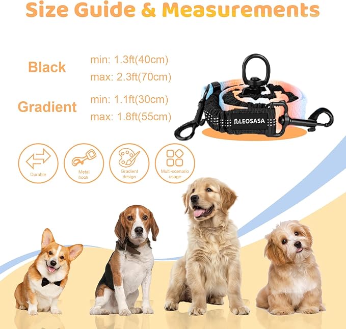 Double Dog Leash for Two Dogs - Gradient Color No Tangle Swivel Dog Coupler with Heavy Duty Clip, Size Adjustable Bungee Leash Attachment for Small, Medium, Large 2 Dogs, Style 2