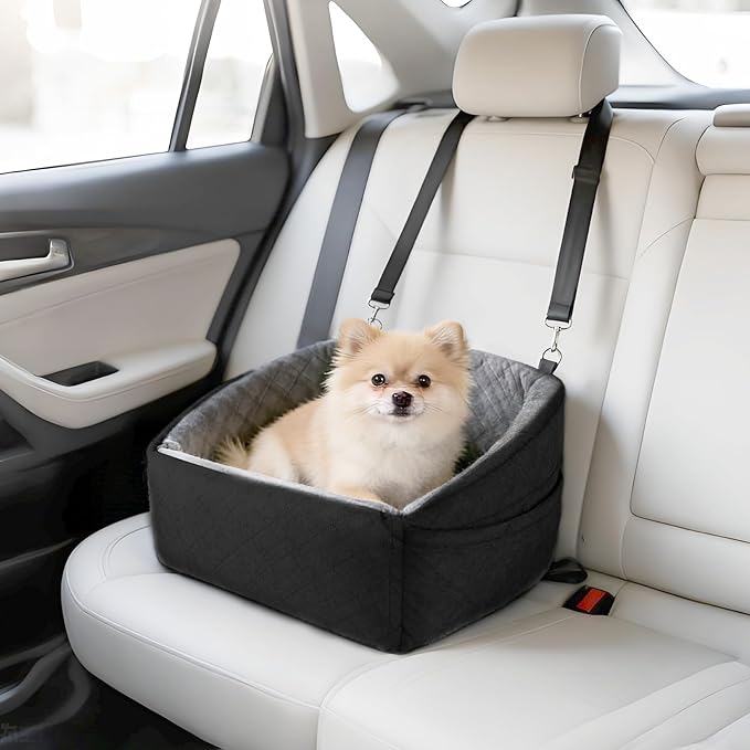 Suitable for Most Vehicles Dog Booster Car Seat for Small Dogs Up to 25-35 Lbs Fully Detachable Machine Washable Cover Adjustable Safety Straps & Leash Non-Slip Bottom with Storage Pockets（Dark Grey）