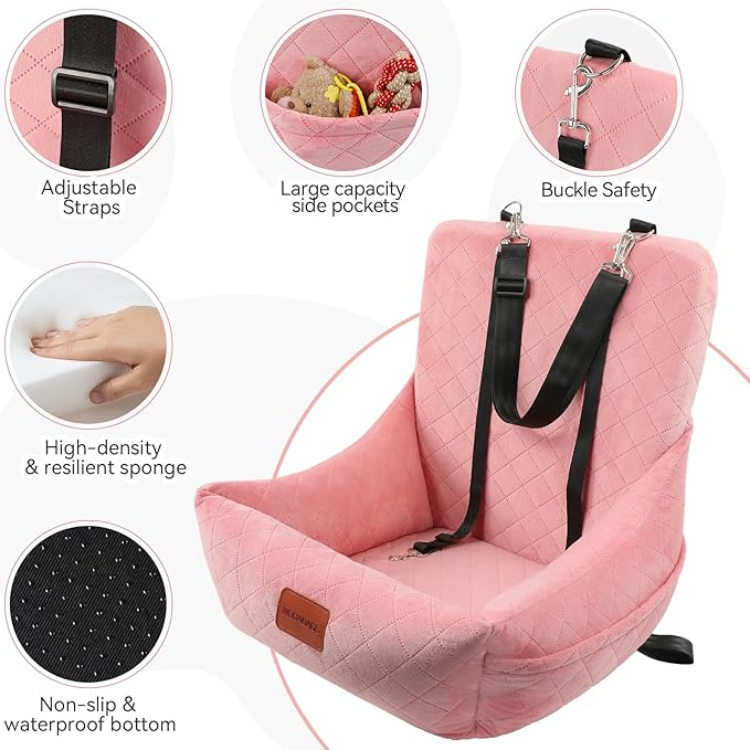 Dog Car Seat for Small Dogs Up to 25lbs,Soft Washable Fabric Fill in Memory Foam,Easy to Assemble with 2 Clip-On Safety Leashes and Storage Pockets,Front or Back Seat are Both OK (Pink)