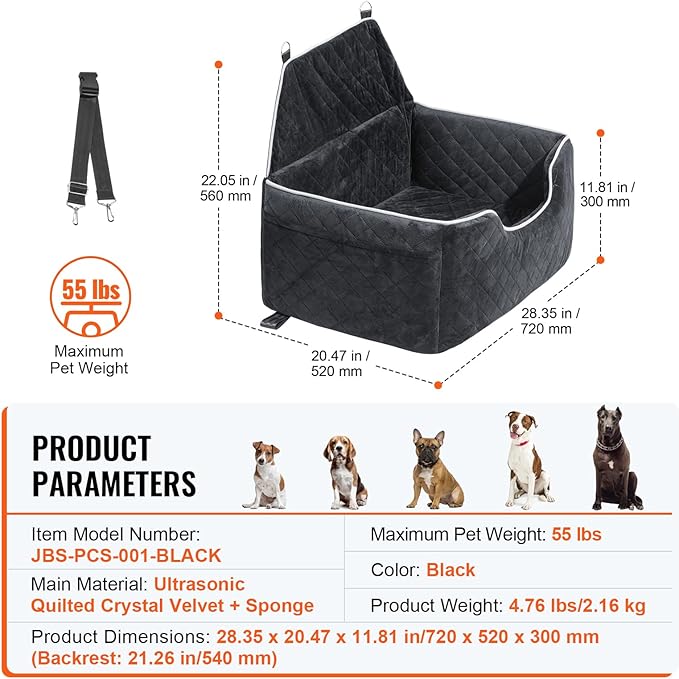 Happybuy Dog Car Seat, Dog Booster Seat for Car with A Storage Pocket, Pet Car Seat with Clip-On Safety Leash, Sponge Filling, Dog Car Bed for Medium & Large Dog up to 55 lbs, Black