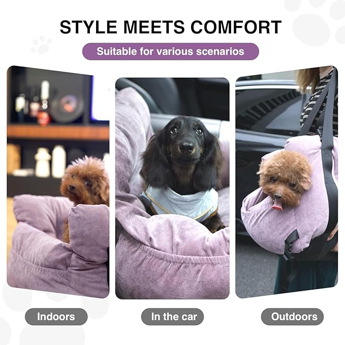 Pet Car Booster Seat for Small Dogs up to 25 lbs with Safety Straps, Storage Pockets, Travel Carrier Bed with Detachable Cover, Machine Washable (Light Purple)