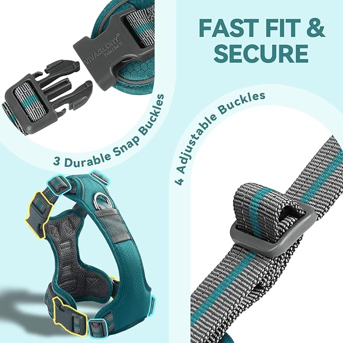 VIVAGLORY Dog Harness Easewalk No Pull Dog Harness with Handle Front Clip & Back Clip for Training Walking Lifting, No Pull Adjustable Easy On Padded Comfortable for Pet, XS, Hunter Teal - Patterned