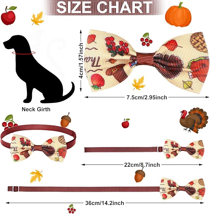 Eccliy 120 Pcs Thanksgiving Dog Bow Tie Bulk Fall Dog Grooming Bows Thanksgiving Adjustable Pumpkin Turkey Maple Leaves Pattern Pet Neckties for Small Medium Large Pet Cats