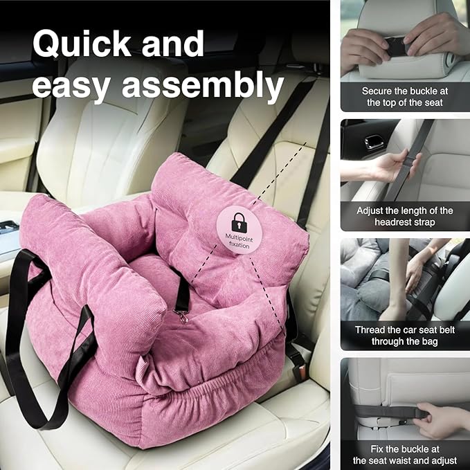 Pet Car Booster Seat for Small Dogs up to 25 lbs with Safety Straps, Storage Pockets, Travel Carrier Bed with Detachable Cover, Machine Washable (Pink)
