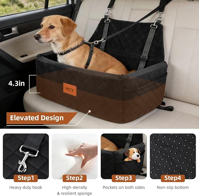 MCY Dog Car Seat for Large Medium Dogs, Dog Booster Seat with Thick Cushion, Portable Washable Pet Under 55 lbs, 2 Safety Leashes Travel Car Bed, Suitable for Home and Outdoor, Black