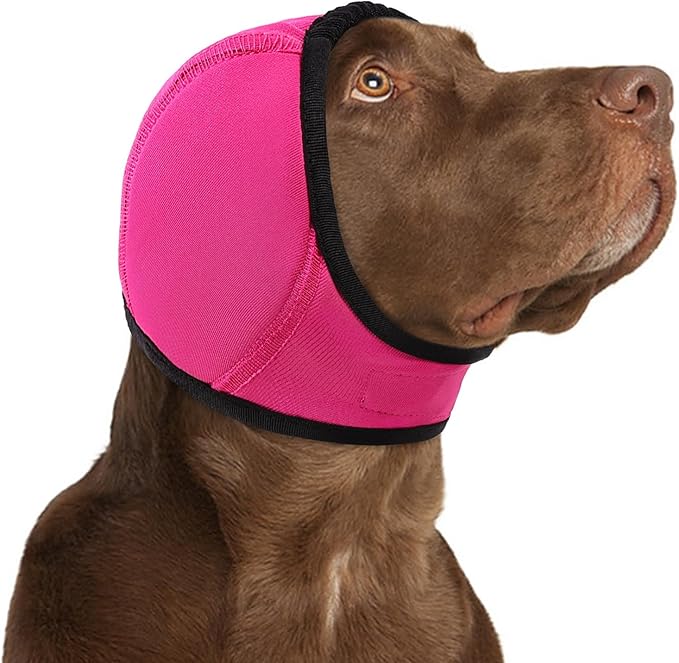 KOESON Dog Calming Hoodie - No Shake Ear Wraps for Dogs, Anxiety Relief & Noise Protection, Water Resistant Pet Ear Cover Muffs for Firework, Grooming, Thunderstorms, Swimming, Bathing, Hot Pink S