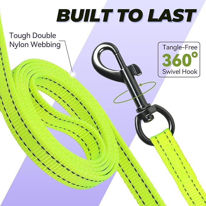 VIVAGLORY Twingrip Dog Leash, Double Handle Dog Leash for Training & Walking with Traffic Handle & 2 Loop, Traffic Control Reflective Heavy Duty for Puppy Pet, 6ft x 1/2in, Bright Yellow