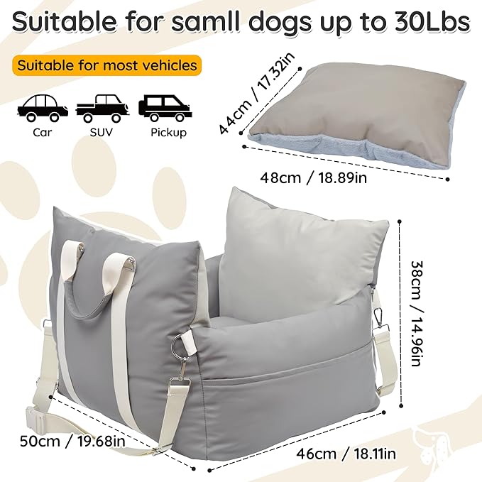 Leather Dog Car Seat for Small Dogs, Dog Booster Seat with Storage Pocket and Clip-On Safety Leash, Water/Scratch Resistant Both Indoor and Outdoor Use