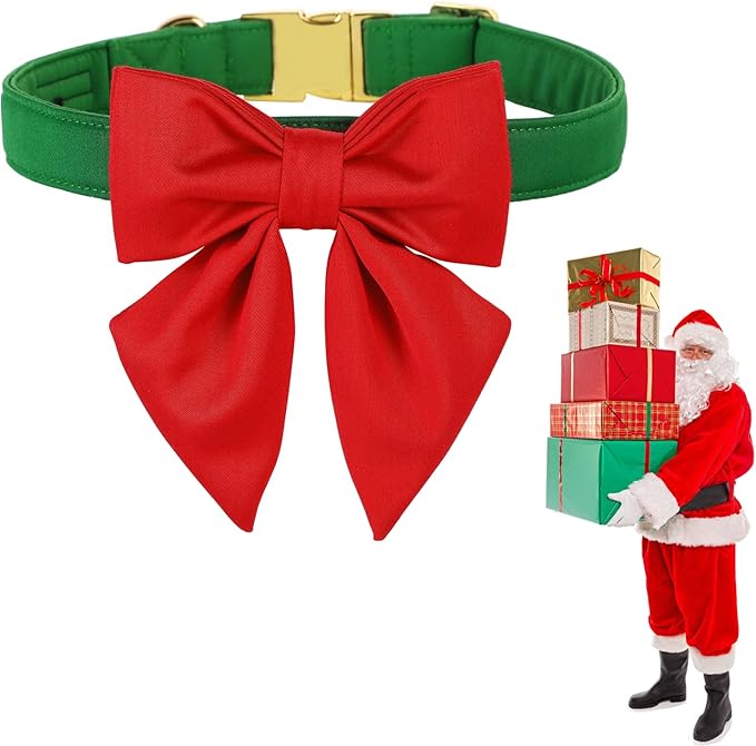 Maca Bates Christmas Grass Green Dog Collar with Cute Solid Sailor Bow Tie for Extra Small Girl Boy Dogs,Adjustbale Durable Breakaway Soft Collars with Bowtie for Female Male Puppy,Pet
