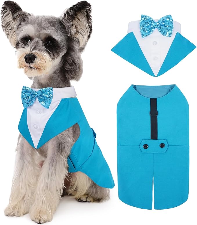 Kuoser Dog Tuxedo for Small Dogs, Pet Wedding Outfit with Bow Tie, Dog Suit and Bandana Set Formal Dogs Tux Pet Costume Halloween Christmas Outfit for Birthday Party Cosplay