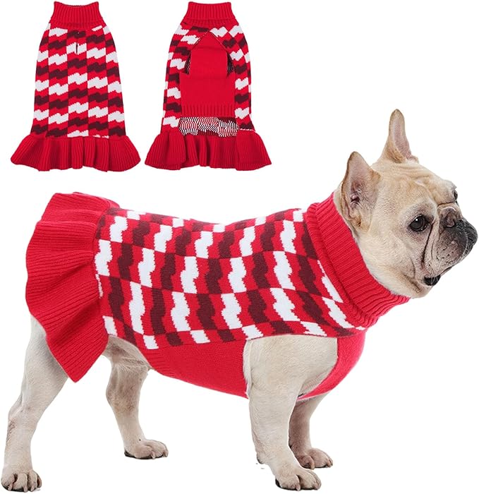 Dog Sweaters for Large Dogs Girl, Dog Sweater Dress with Leash Hole, Thick Turtleneck Knitwear for Female Dogs, Warm Fall Winter Dress for Cold Weather, Thanksgiving, Christmas - Red L