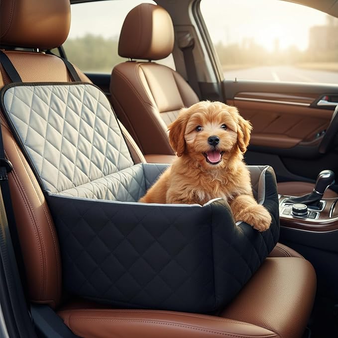 Dog Car Seat for Medium Small Dogs, Memory Foam Dog Booster Seat, Travel Safe Bed with Safety Belts Detachable Washable, Anti-Slip Base