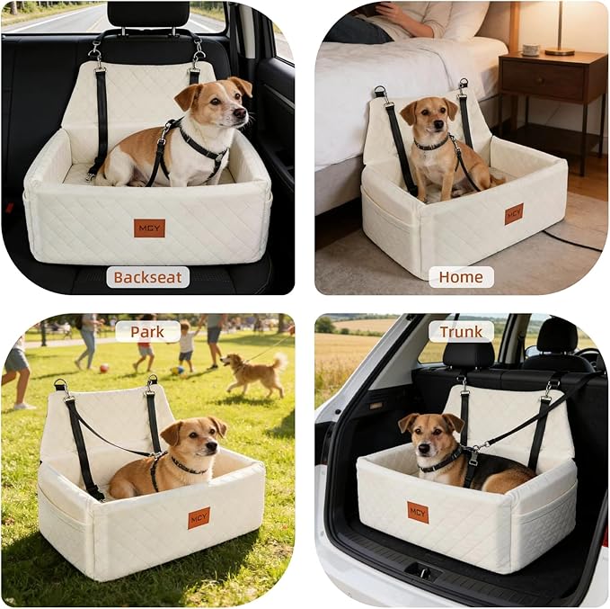 MCY Dog Car Seat for Large Medium Dogs, Dog Booster Seat with Thick Cushion, Portable Washable Pet Under 55 lbs, 2 Safety Leashes Travel Car Bed, Suitable for Home and Outdoor, White