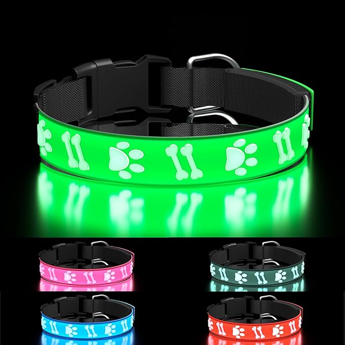 Light Up Collar for Small Dogs, 15 Glowing Modes/ 3D Design/Adjustable/Rechargeable/LED Dog Collars, Dog Collar for Night Walk, Green