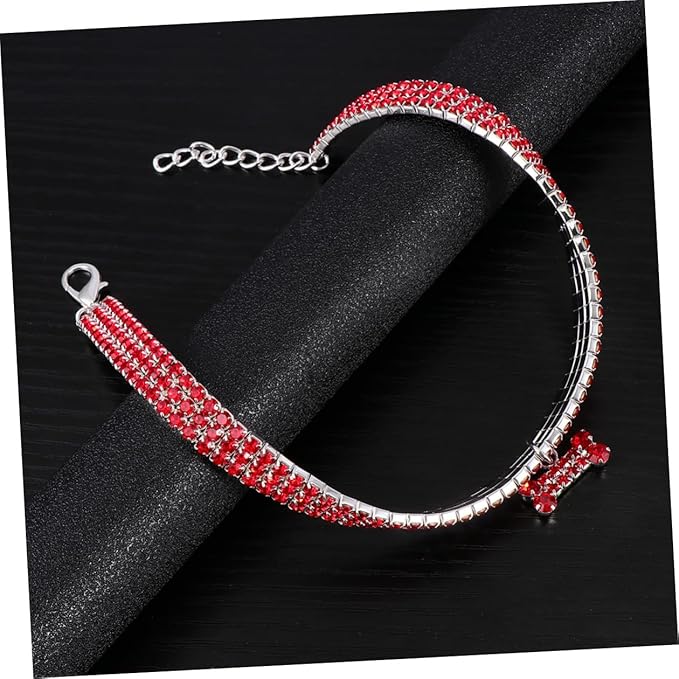 Rhinestone Pet Dog Collar Adjustable Crystal Dog Collar with Mini Bone Pendant Red M Size for Puppy