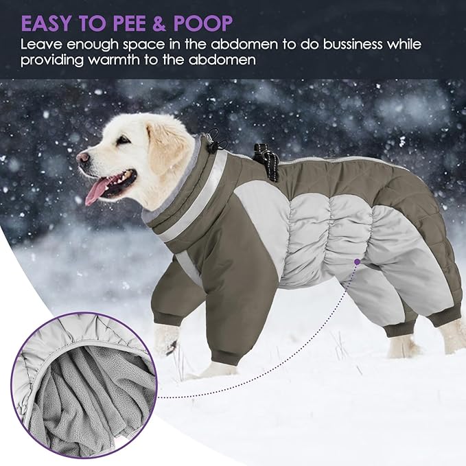 SUNFURA Full Body Dog Coat - Warm Fleece Jacket for Large Dogs, Turtleneck Winter Coats with Harness, Reflective Windproof Dog Snowsuit with Legs for Labrador,Golden Retriever, Army Green 2XL