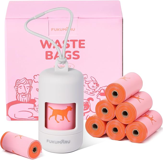 FUKUMARU Dog Poop Bags, 120 Rose Scent Poop Bag Holder and Dispenser with Leash Attachment for Dogs, Cats, and Multi-pet Use - Running Pattern Bags, Gray Holder