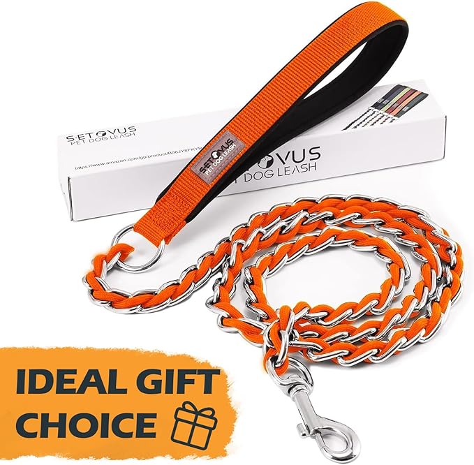 Dog Leash Chew Proof, Chain Leash Anti Chew Dog Leash for Large Dogs Heavy Duty, Indestructible Metal Leash Anti Bite Chain Link with Woven Cord Soft Padded Handle (Orange, 4FT)