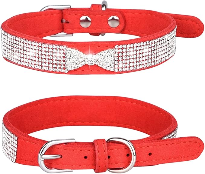 Rhinestone Dog Collar, Cute Dazzling Sparkling Soft Suede Leather Dog Cat Rhinestone Collar Crystal Diamond Pet Dog Puppy Collar (XS, Red-2)