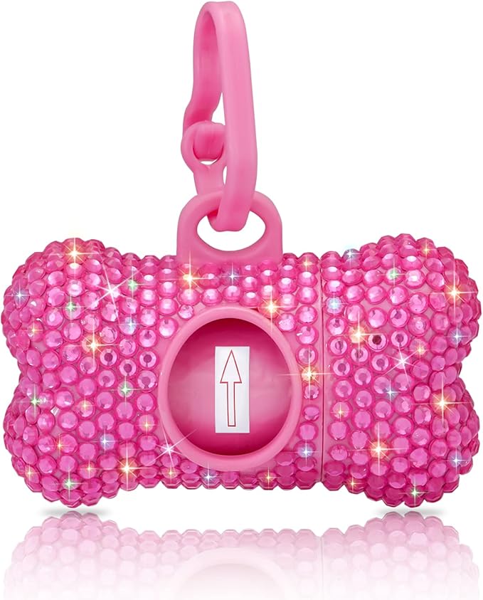 SAVORI Dog Poop Bag Holder Bling Crystal Dog Waste Bags Dispenser for Pet Dog Doggy with Carabiner Clip Includes 1 Roll 15 Bags (Hot Pink)