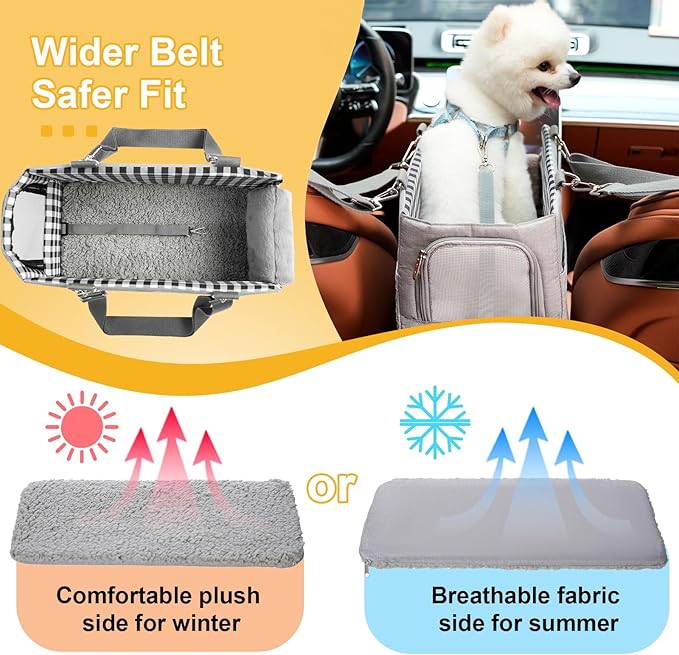 Console Dog Car Seat for Small Dogs Cats Up to 15lbs, Anti-Collapse Pet Armrest Booster Seat with Soft Pillow,Non-Slip Seat Rails Hooks & Safety Belt, Portable Car Accessories for Pets Travel