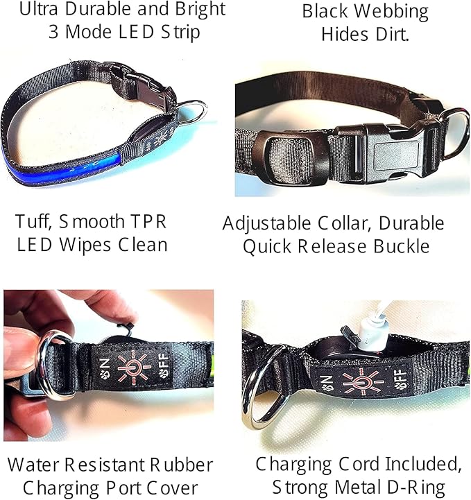 Glow Fetch It! HD Ultra Bright LED Safety Dog Collar, Adjustable, USB Rechargeable with 3 Modes, Water Resistant, Extremely Durable and Easy to Clean (Blue, Large)
