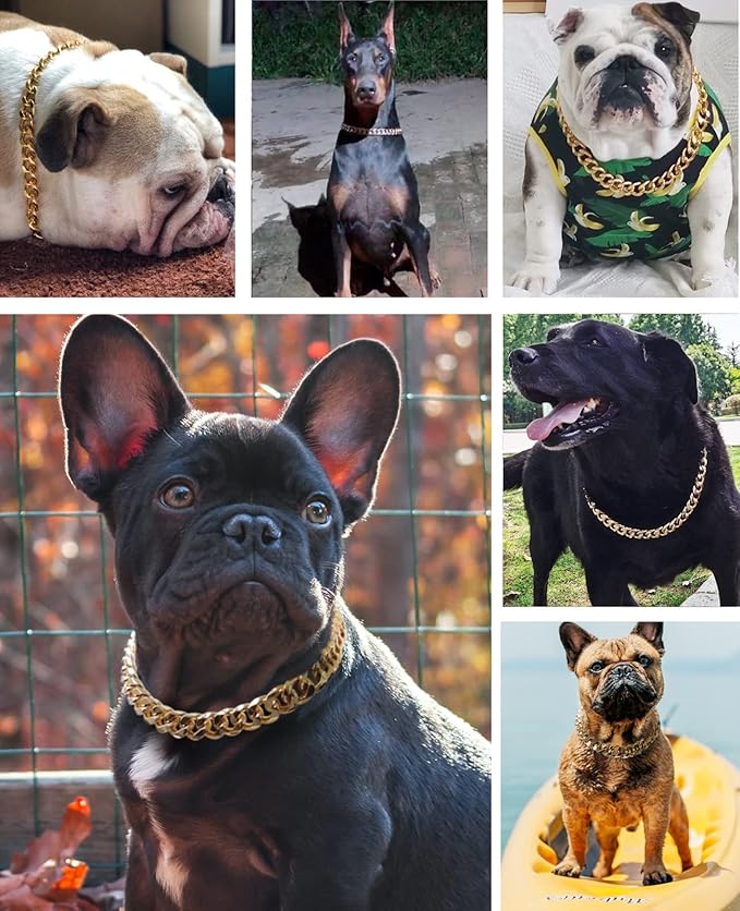 Gold Chain Dog Collar-3/4 Width Cuban Link Dog Necklace, Cute Fashion Pet Collar for Pit Bulldog, Light Metal Jewelry Chain Puppy Accessories 14"